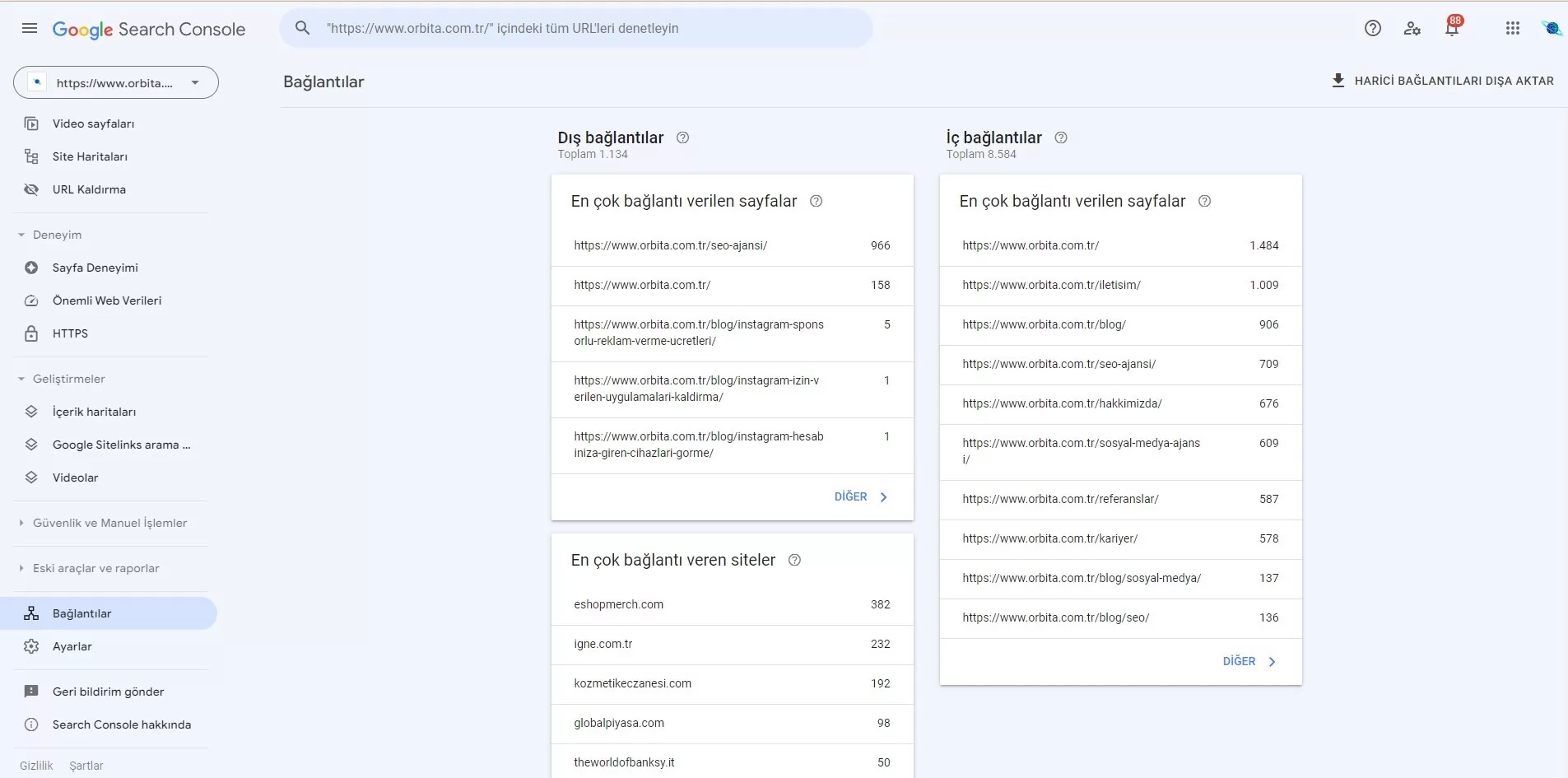 google search console bağlantılar ekran görüntüsü