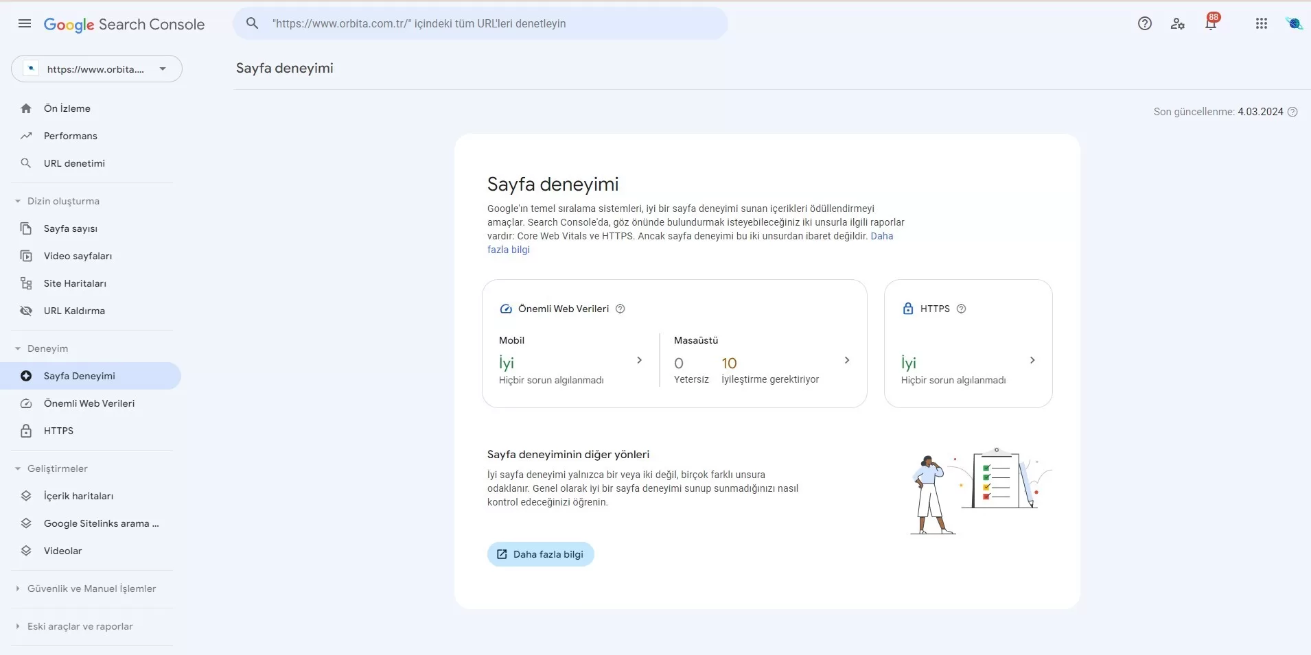 google search console sayfa deneyimi ekran görüntüsü