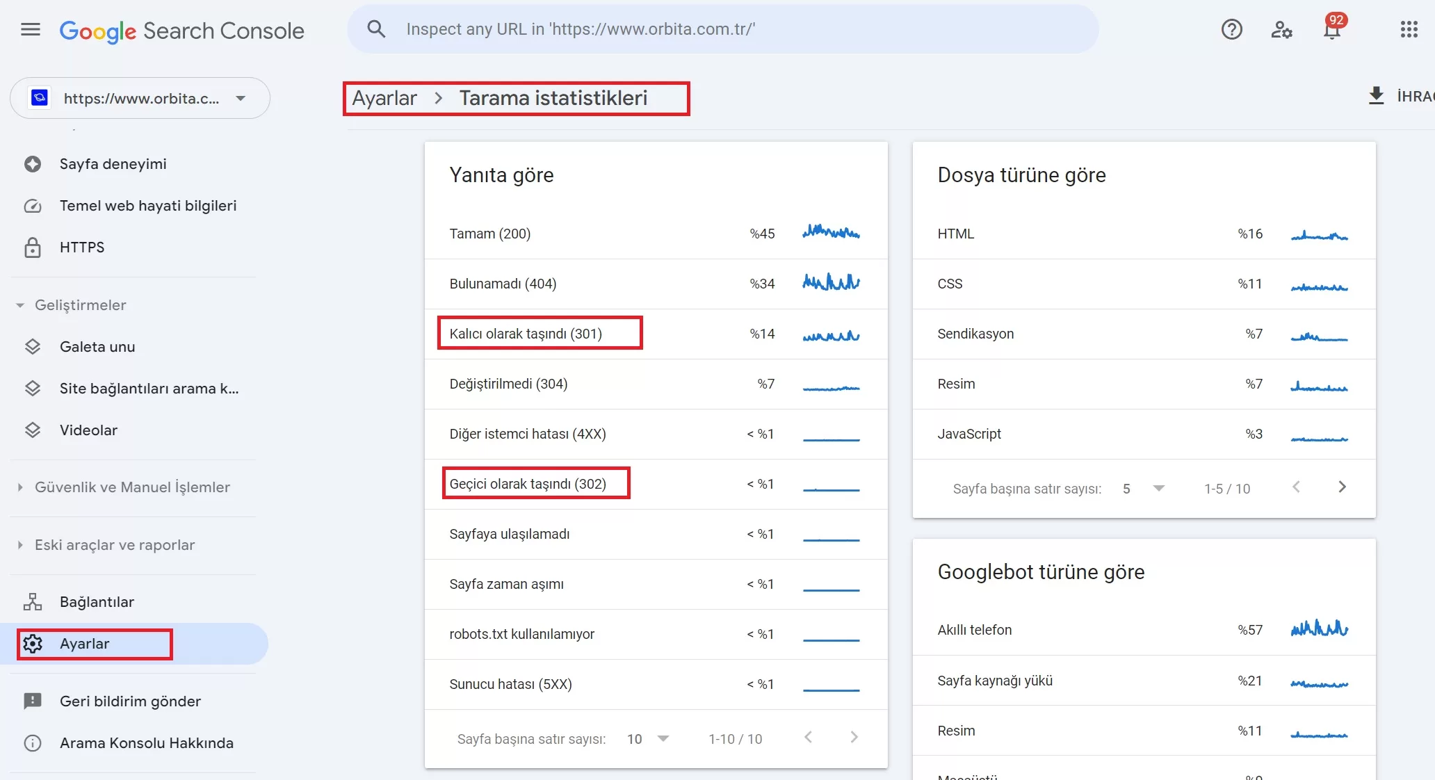 google search console - ayarlar - 301 ve 302 yönlendirmeleri
