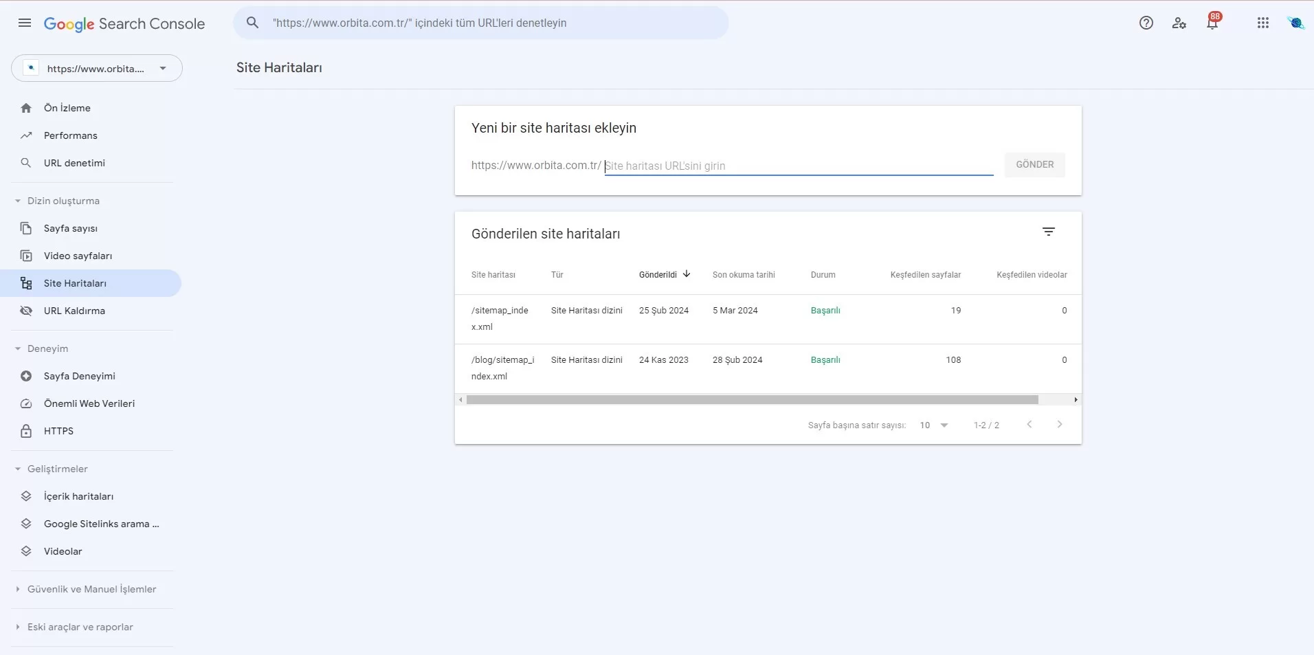 google search console site haritası ekran görüntüsü